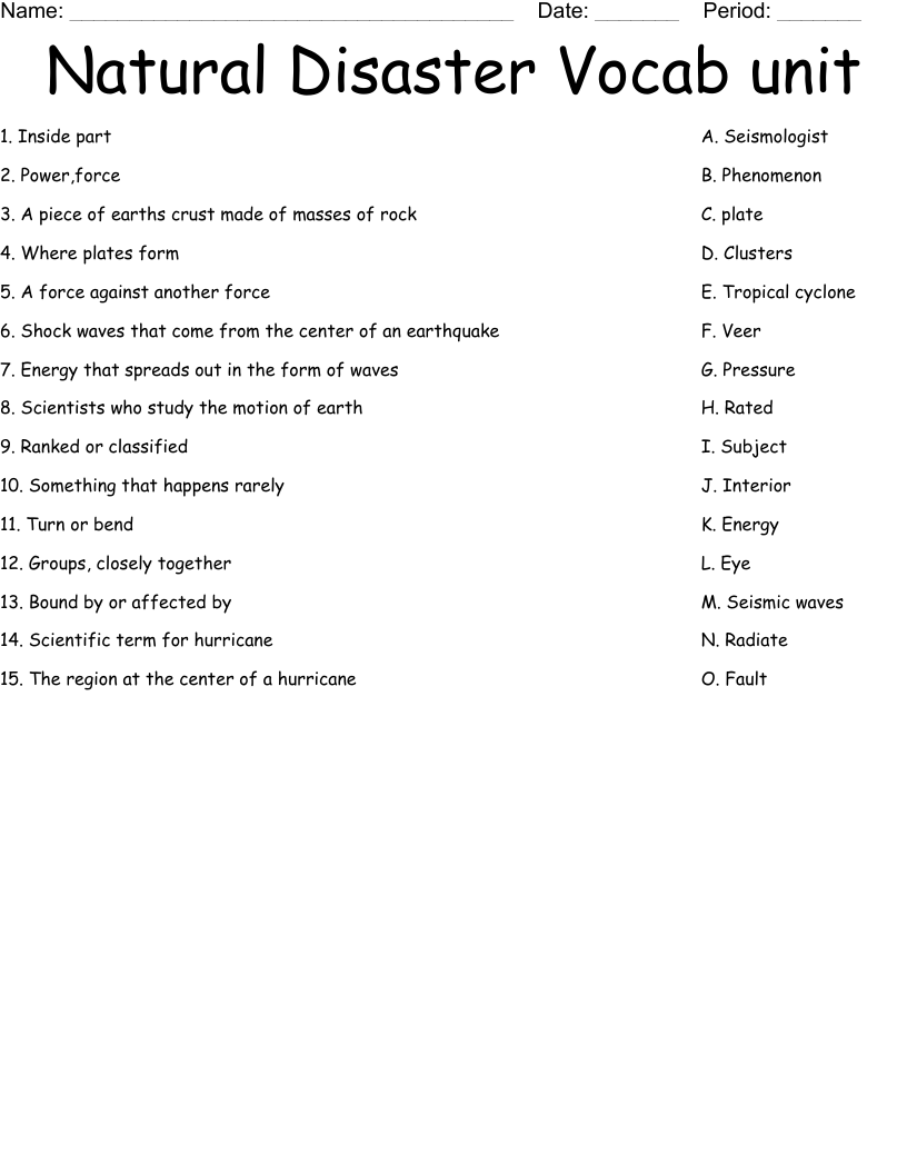 Natural Disaster Vocab unit Worksheet