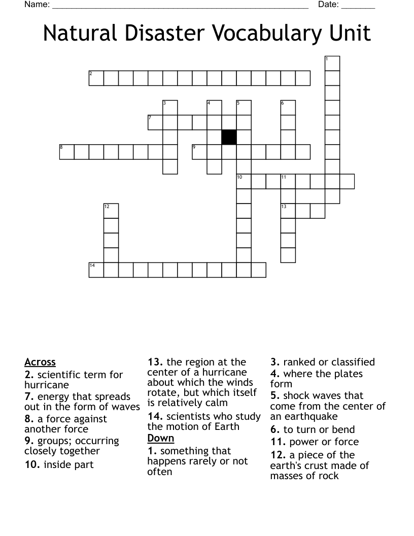 Natural Disaster Vocabulary Unit Crossword