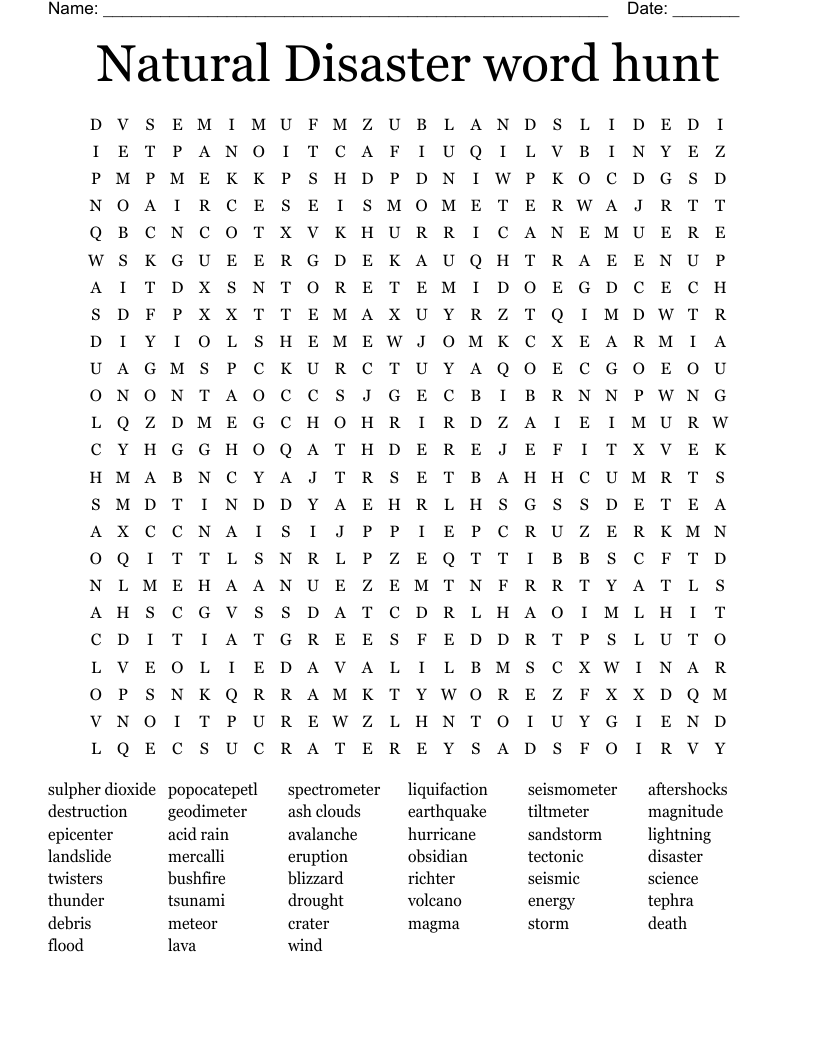 Natural Disaster word hunt  Word Search
