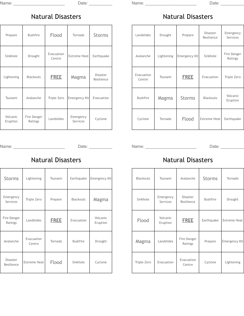 Natural Disasters Bingo Cards