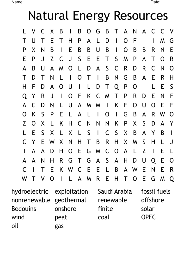 Natural Energy Resources Word Search