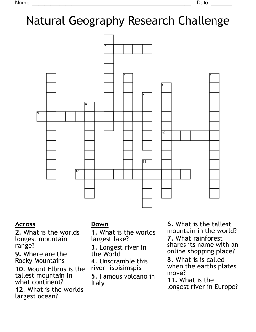 Natural Geography Research Challenge Crossword
