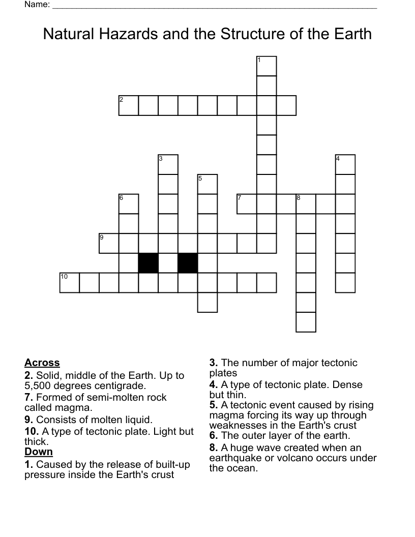 Natural Hazards and the Structure of the Earth Crossword