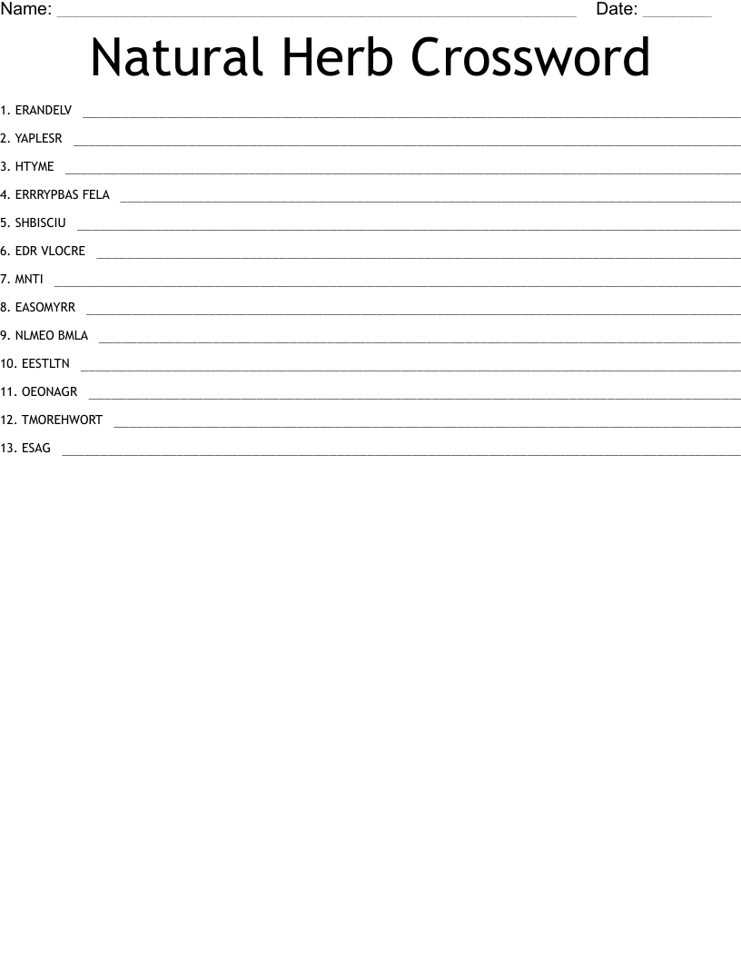 Natural Herb Crossword  Word Scramble