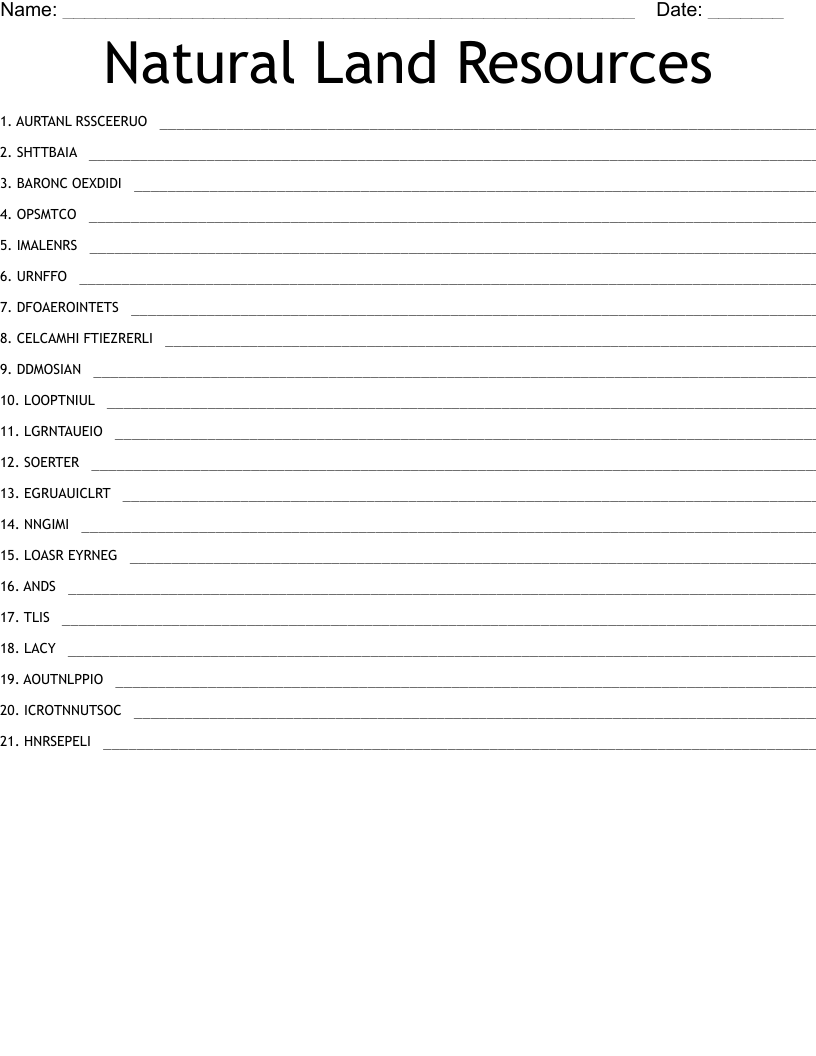 Natural Land Resources Word Scramble