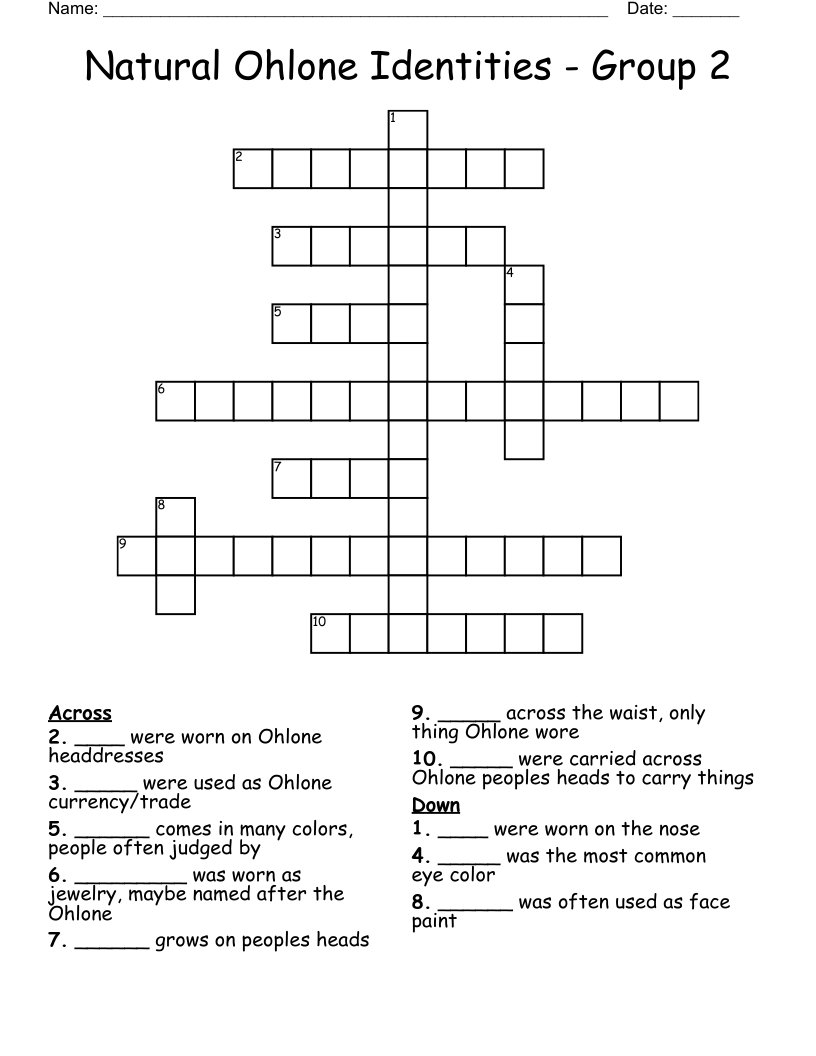 Natural Ohlone Identities - Group 2 Crossword