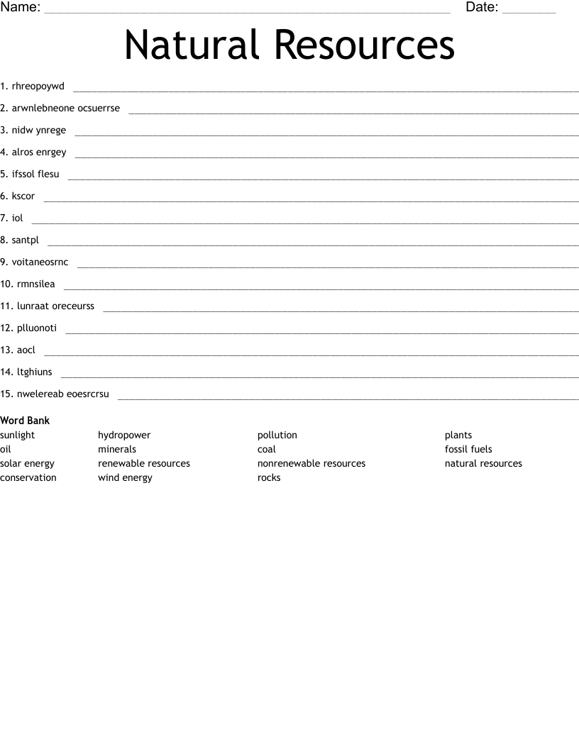 Natural Resources Word Scramble
