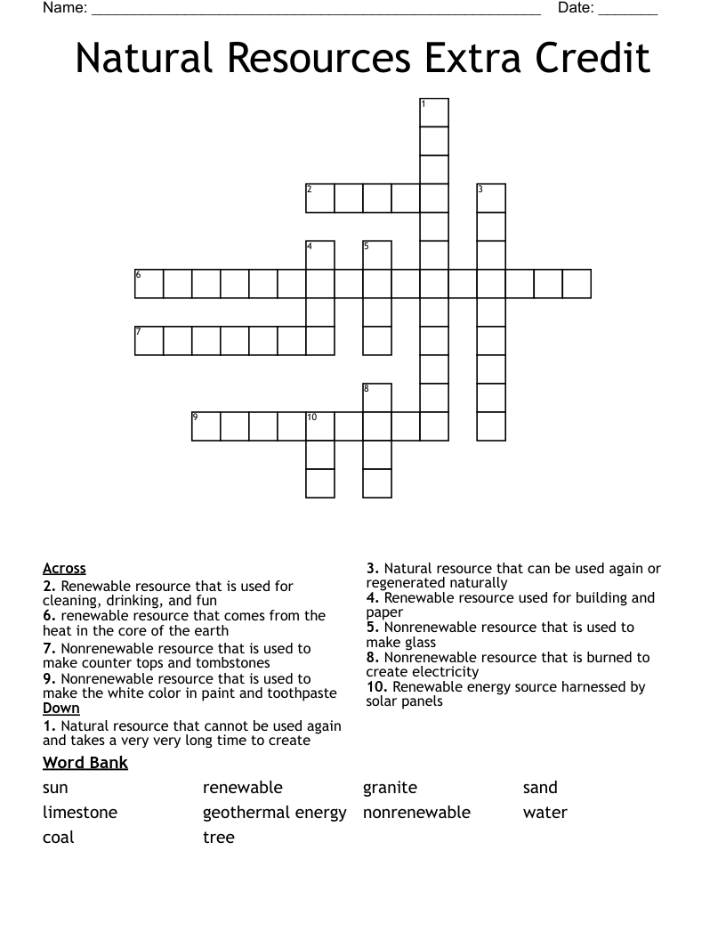 Natural Resources Extra Credit Crossword