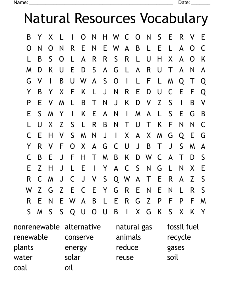 Natural Resources Vocabulary Word Search