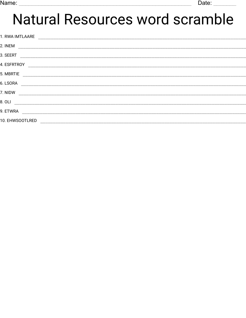 Natural Resources word scramble