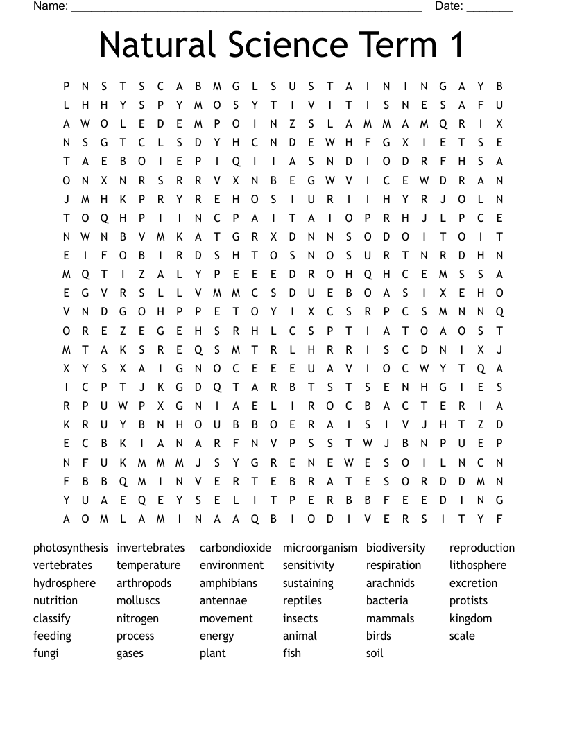 Natural Science Term 1 Word Search