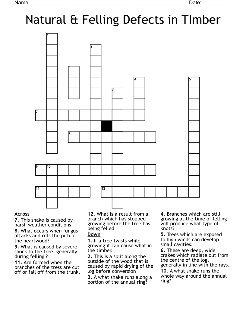 Natural & Felling Defects in TImber Crossword