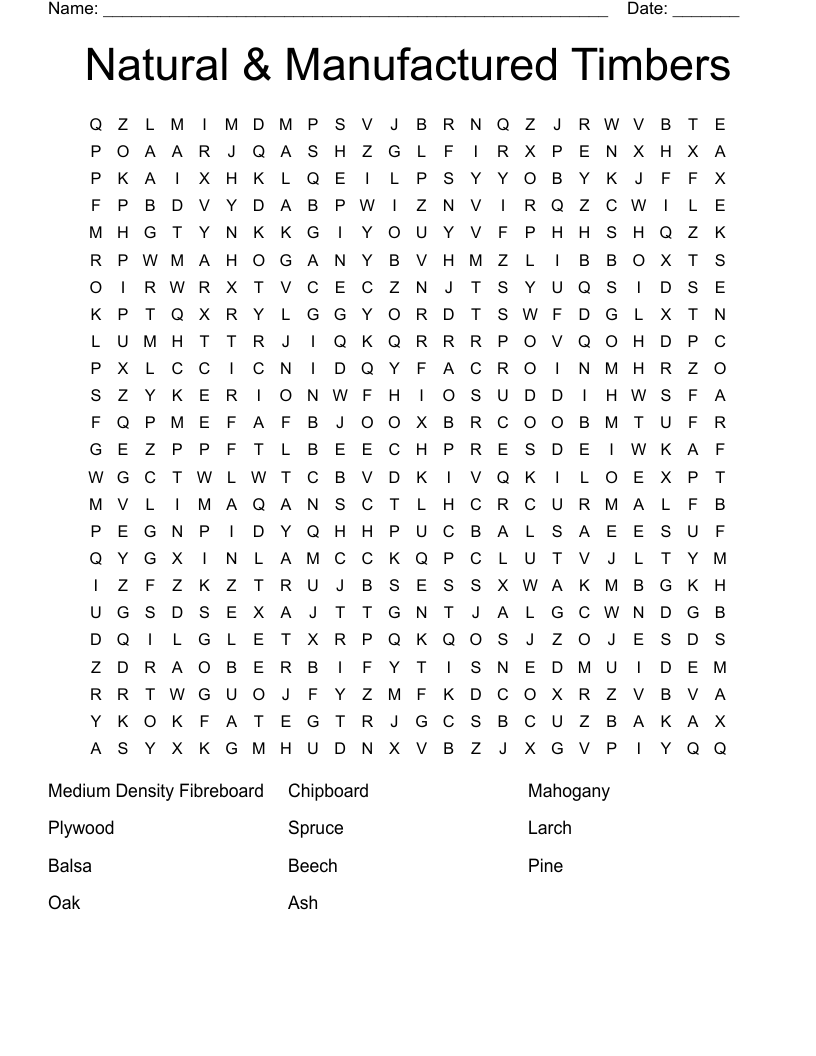 Natural & Manufactured Timbers Word Search