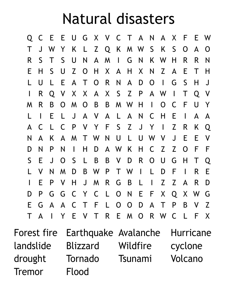 Natural disasters Word Search
