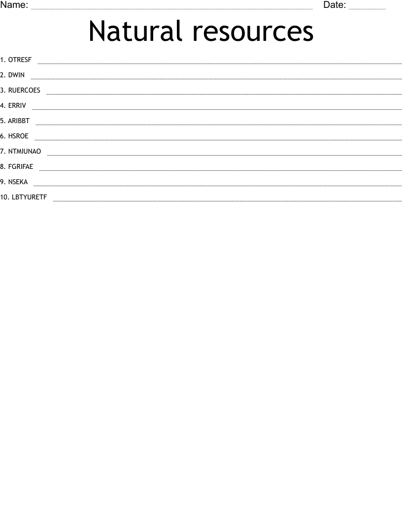 Natural resources Word Scramble