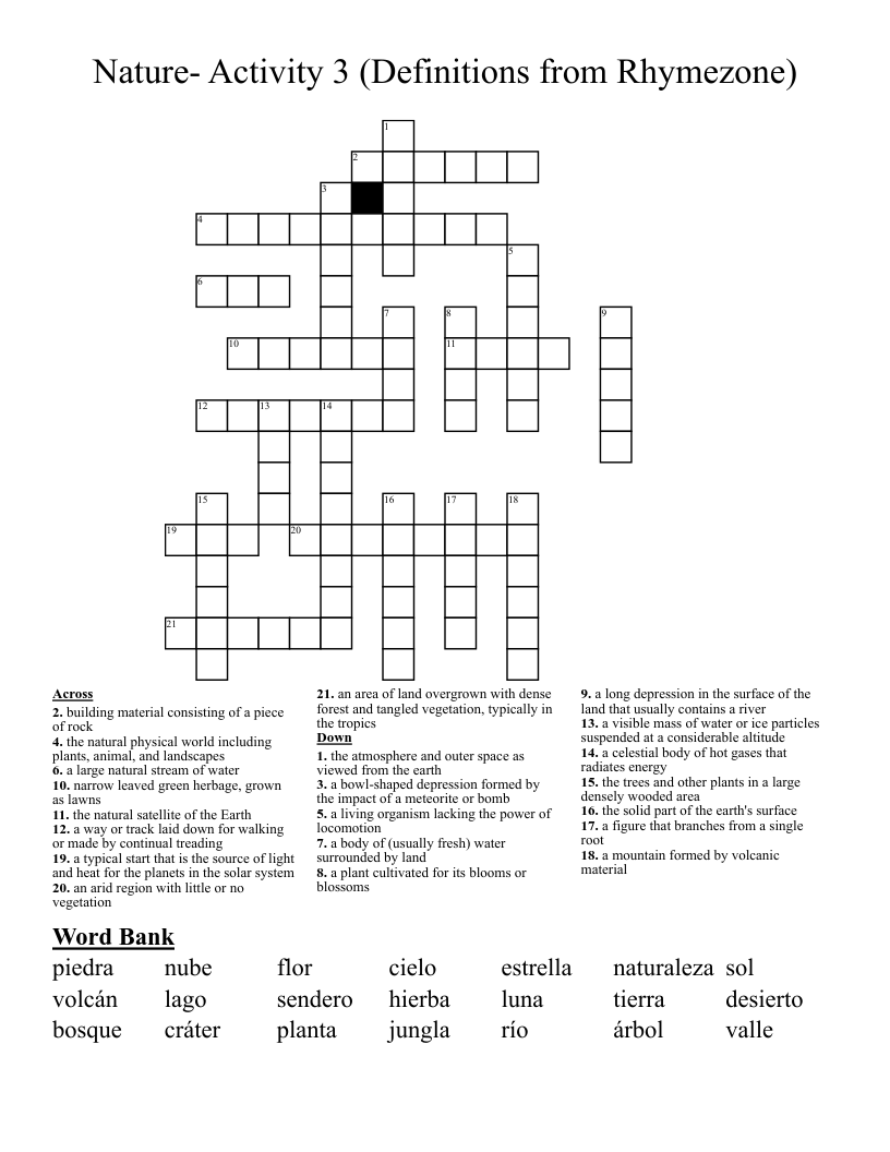 Nature- Activity 3 (Definitions from Rhymezone) Crossword