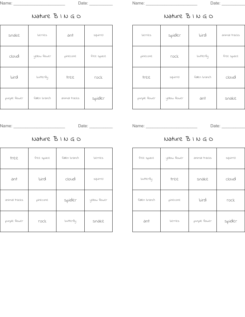 Nature B I N G O Bingo Cards