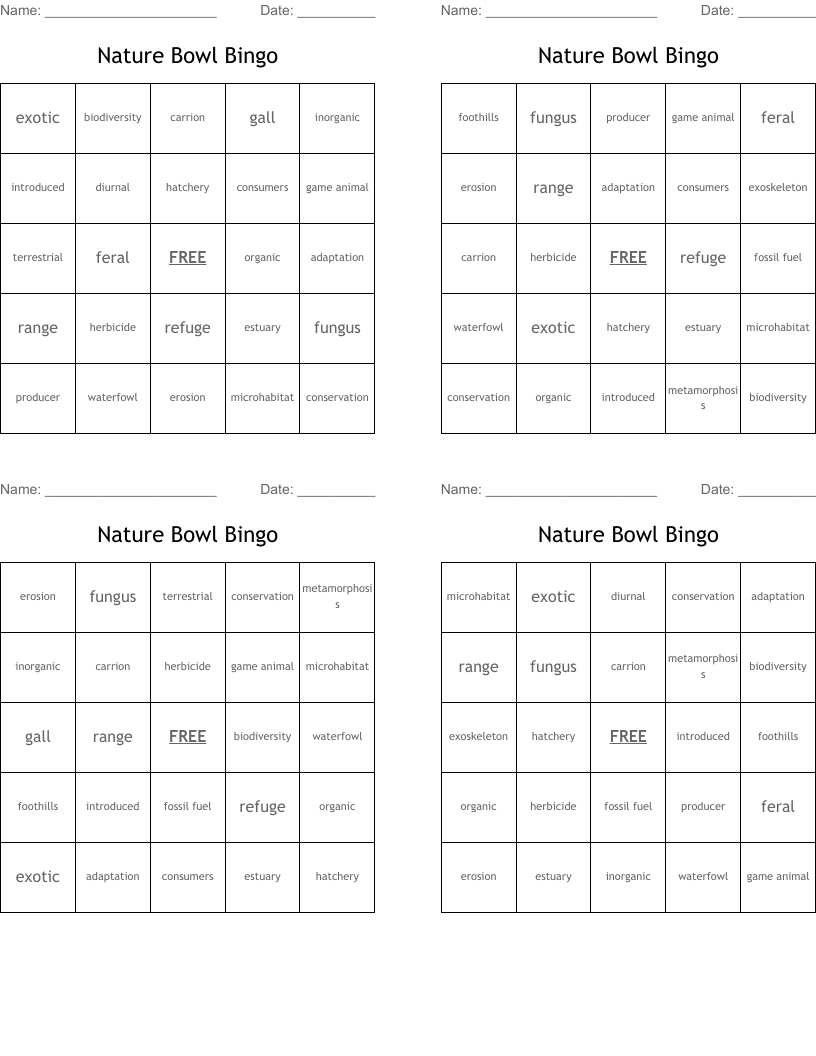 Nature Bowl Bingo