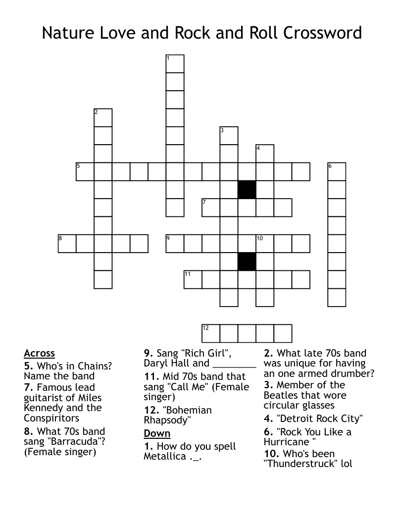 Nature Love and Rock and Roll Crossword