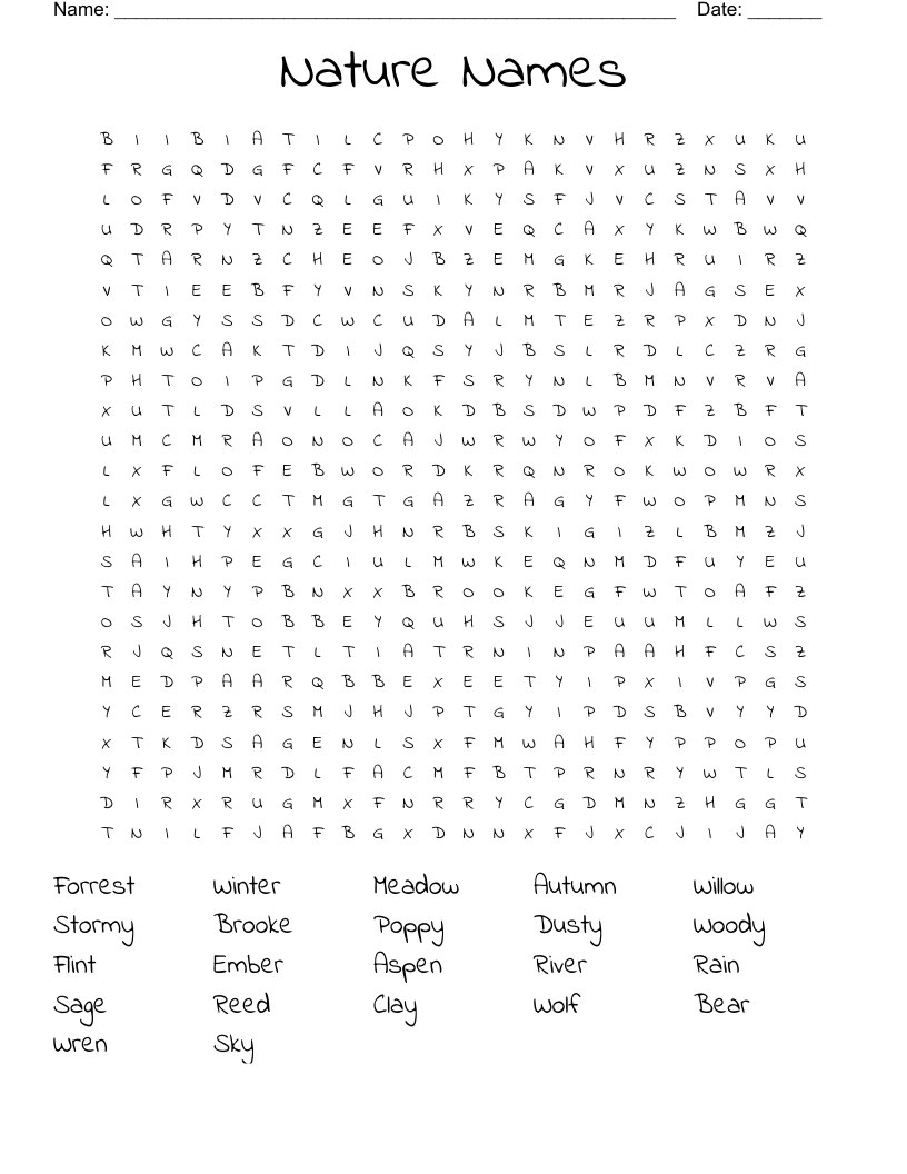Nature Names  Word Search