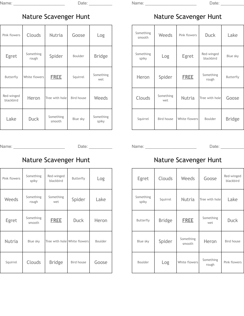 Nature Scavenger Hunt Bingo Cards