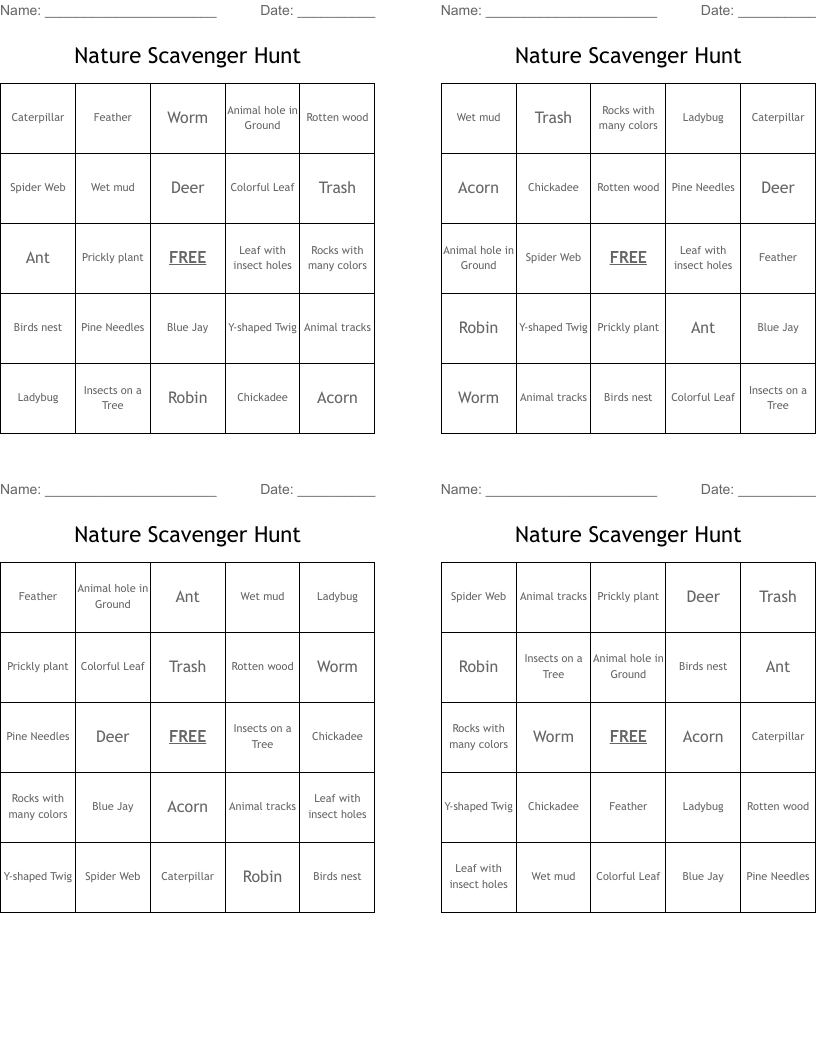 Nature Scavenger Hunt Bingo Cards