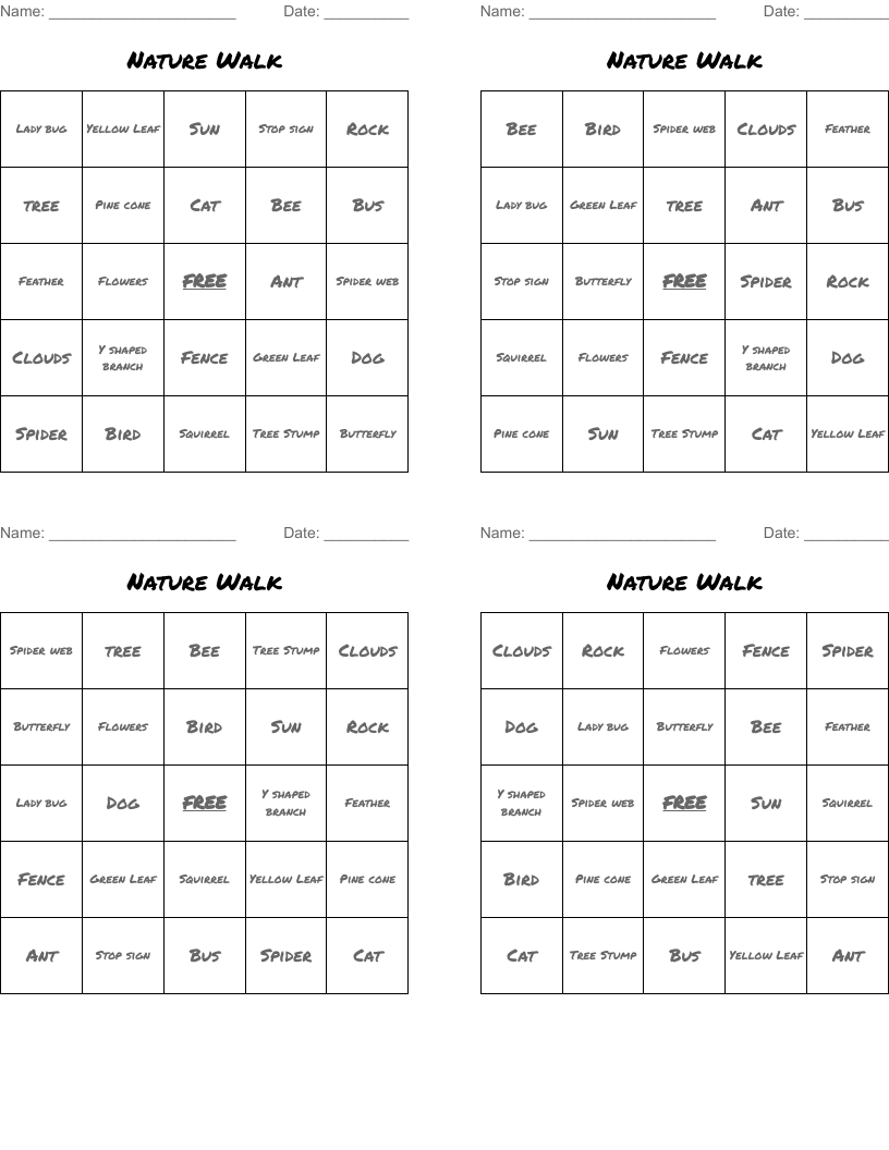Nature Walk Bingo Cards