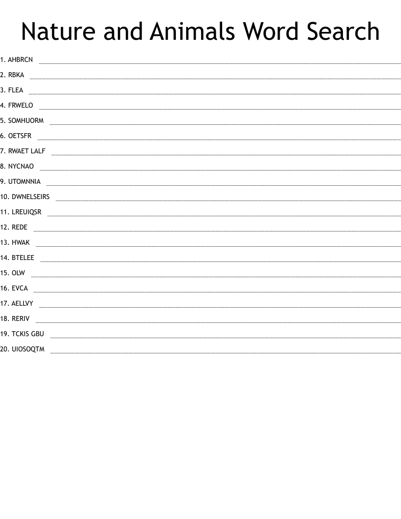 Nature and Animals Word Search Word Scramble