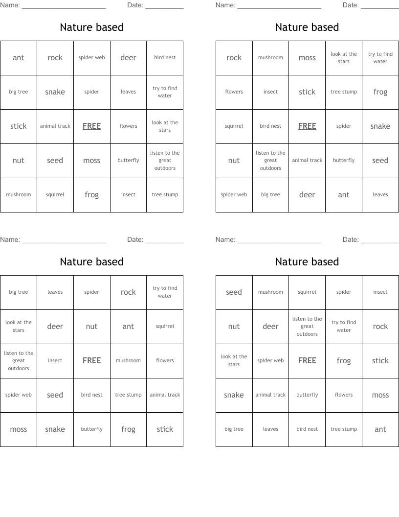 Nature based  Bingo Cards