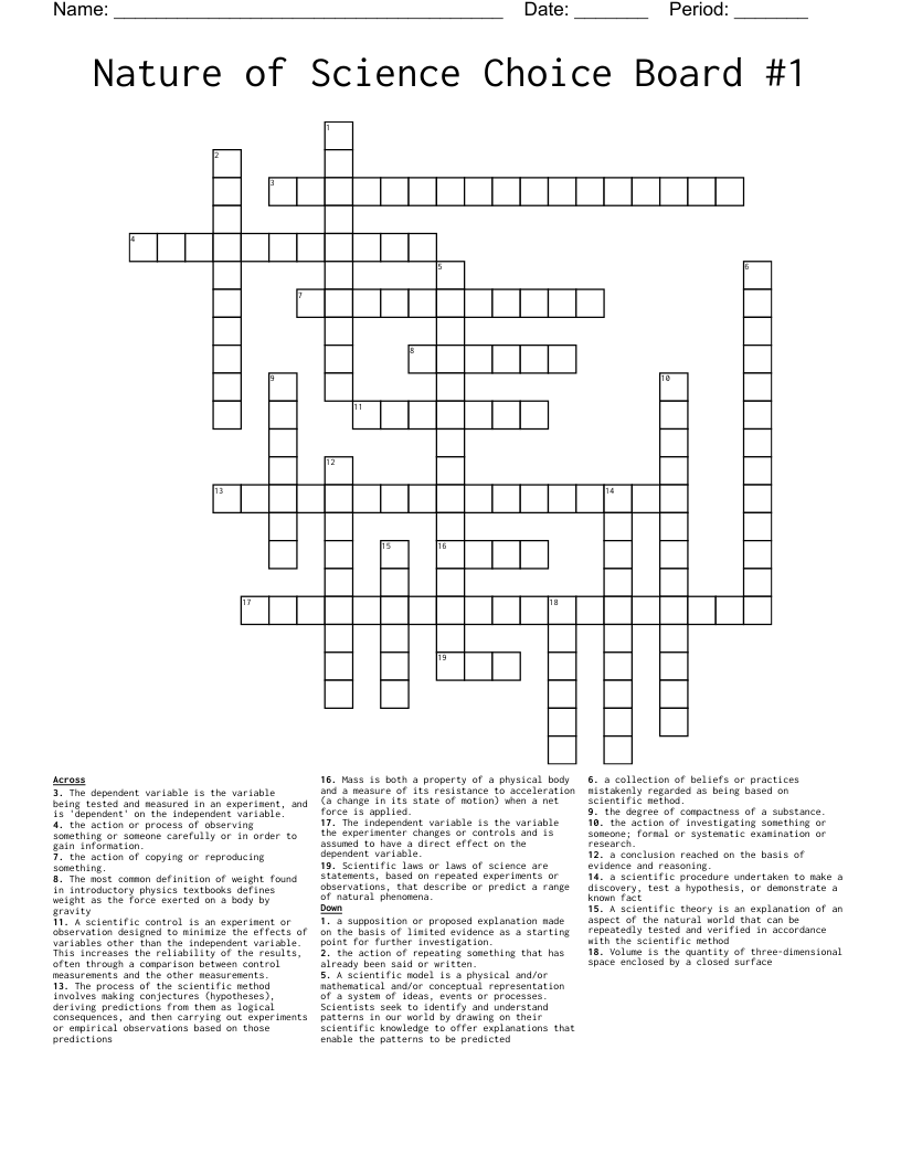Nature of Science Choice Board #1 Crossword