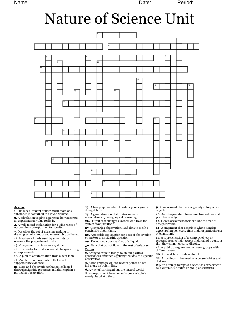 Nature of Science Unit Crossword