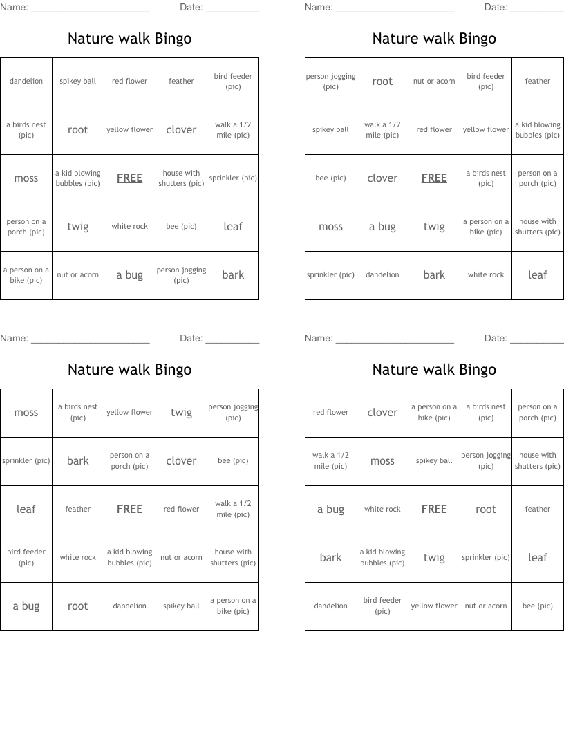 Nature walk Bingo