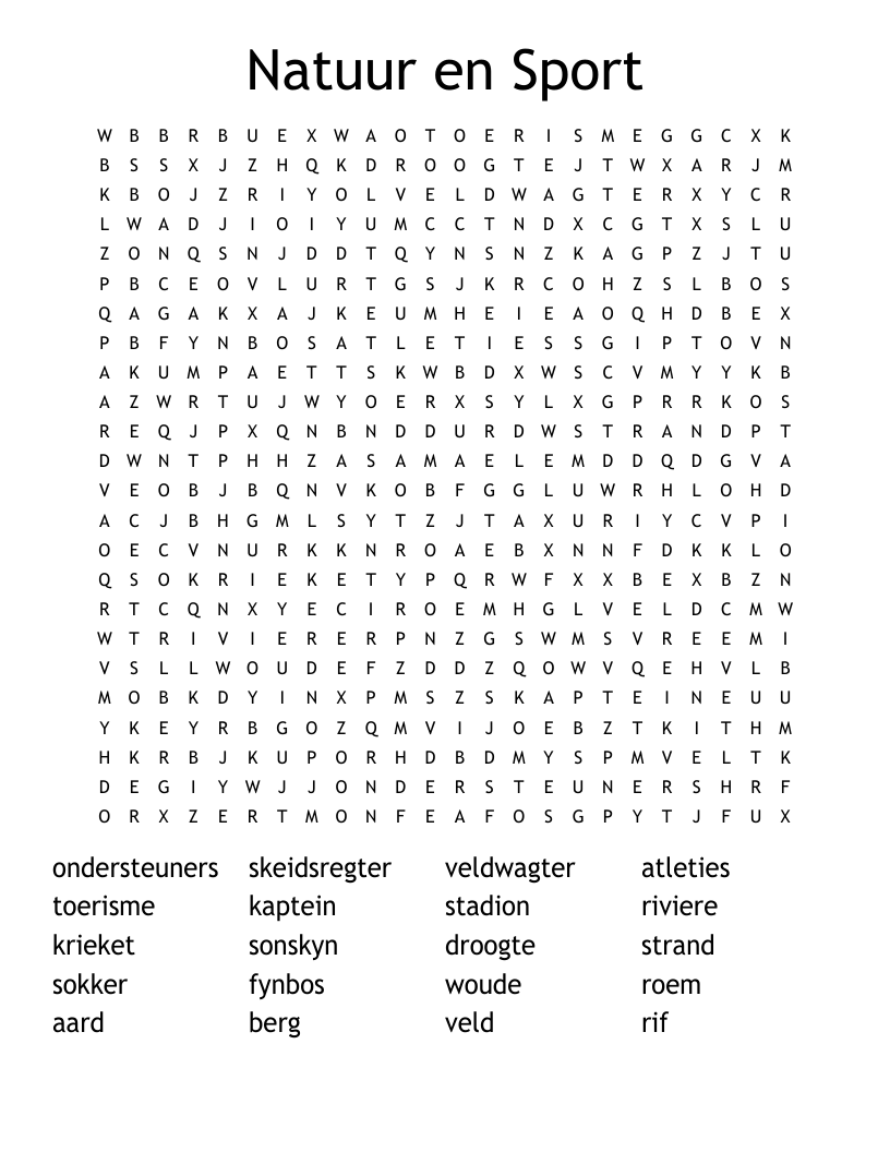 Natuur en Sport Word Search