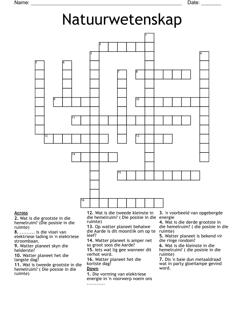 Natuurwetenskap Crossword