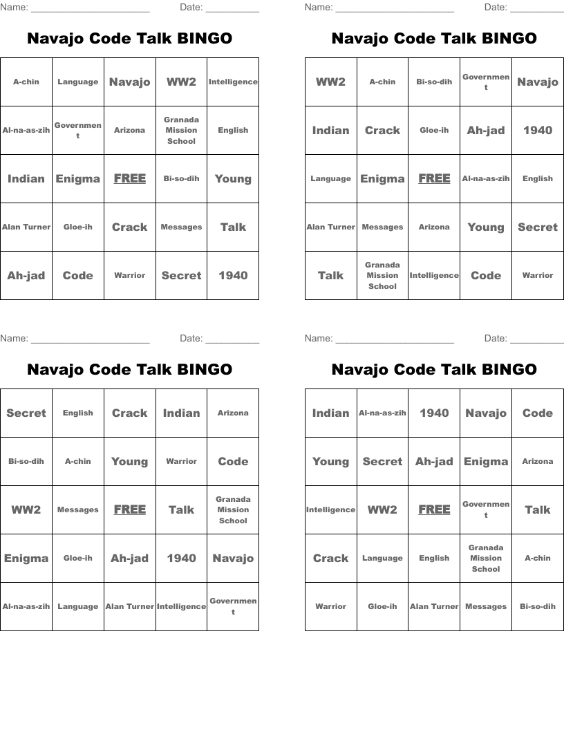 Navajo Code Talk BINGO