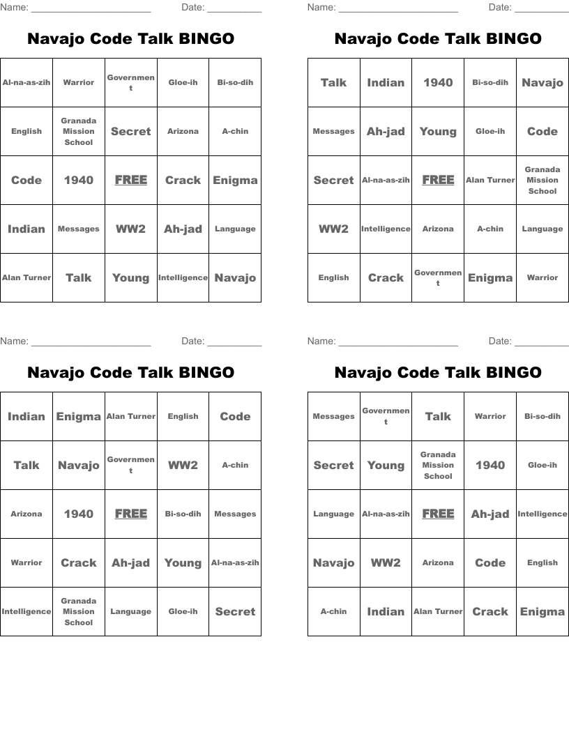 Navajo Code Talk BINGO 