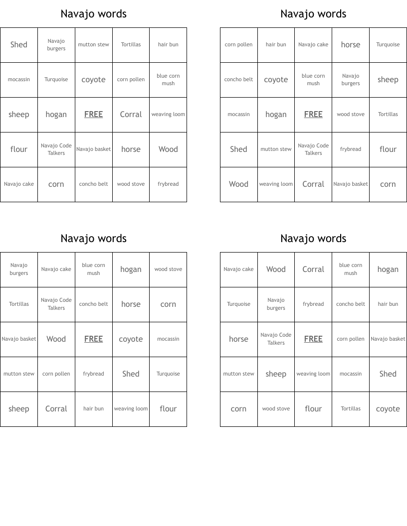 Navajo words Bingo Cards