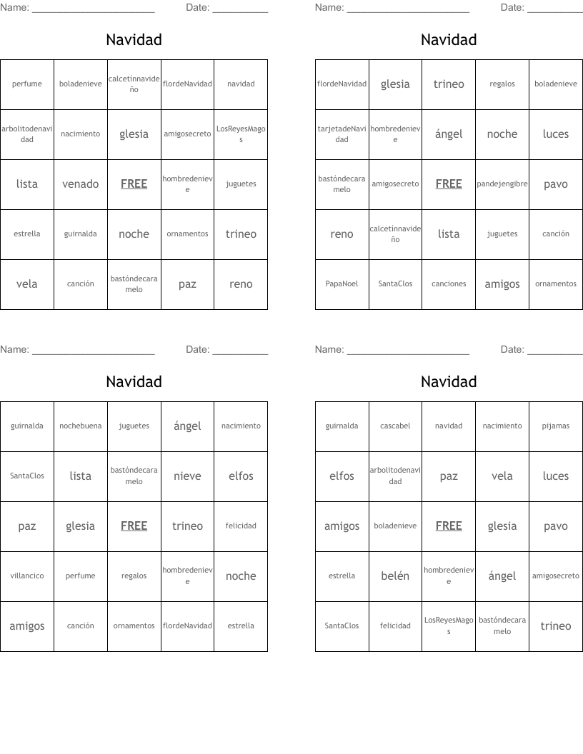 Navidad Bingo Cards