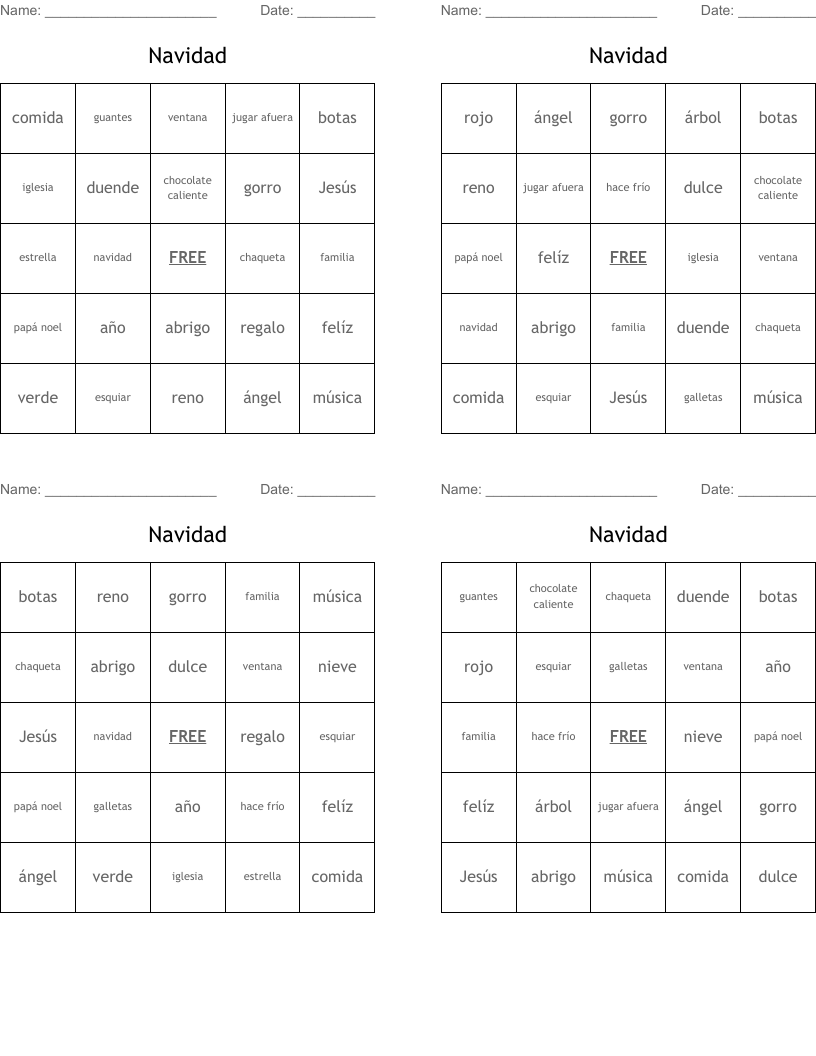 Navidad Bingo Cards