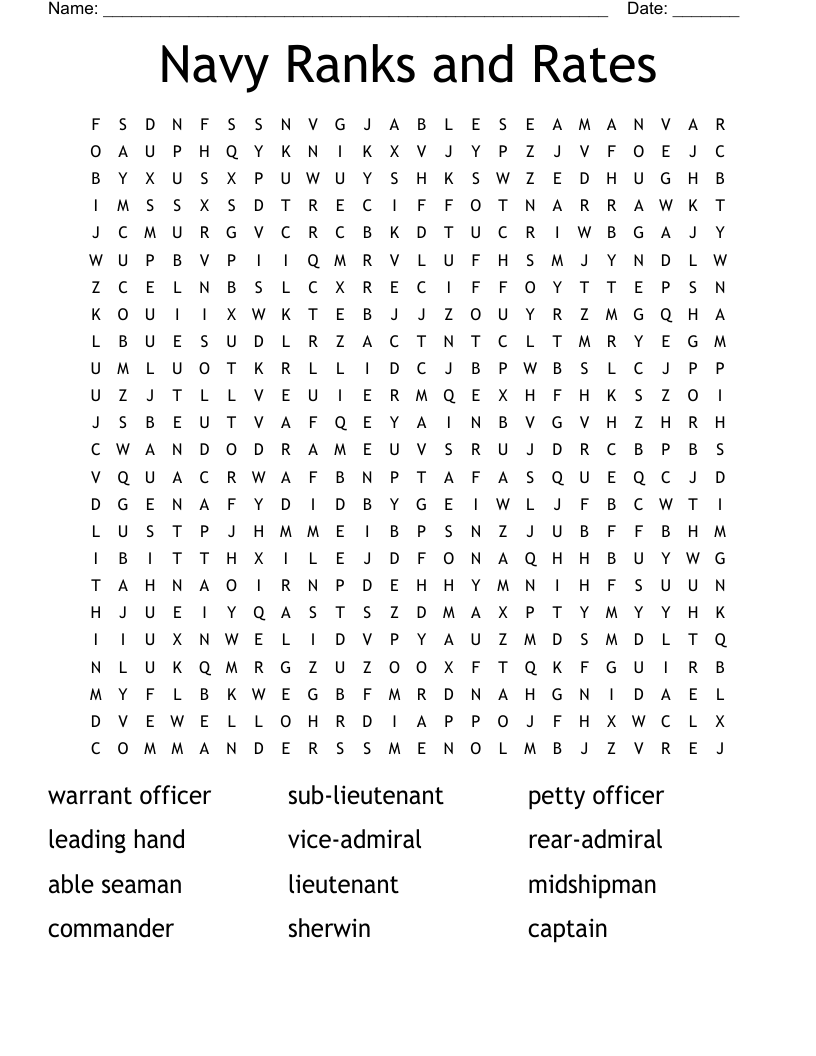 Navy Ranks and Rates Word Search