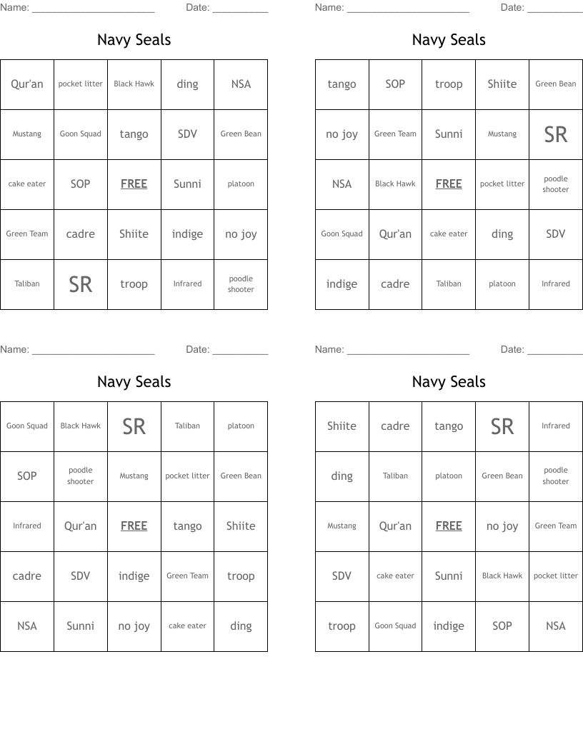 Navy Seals Bingo Cards