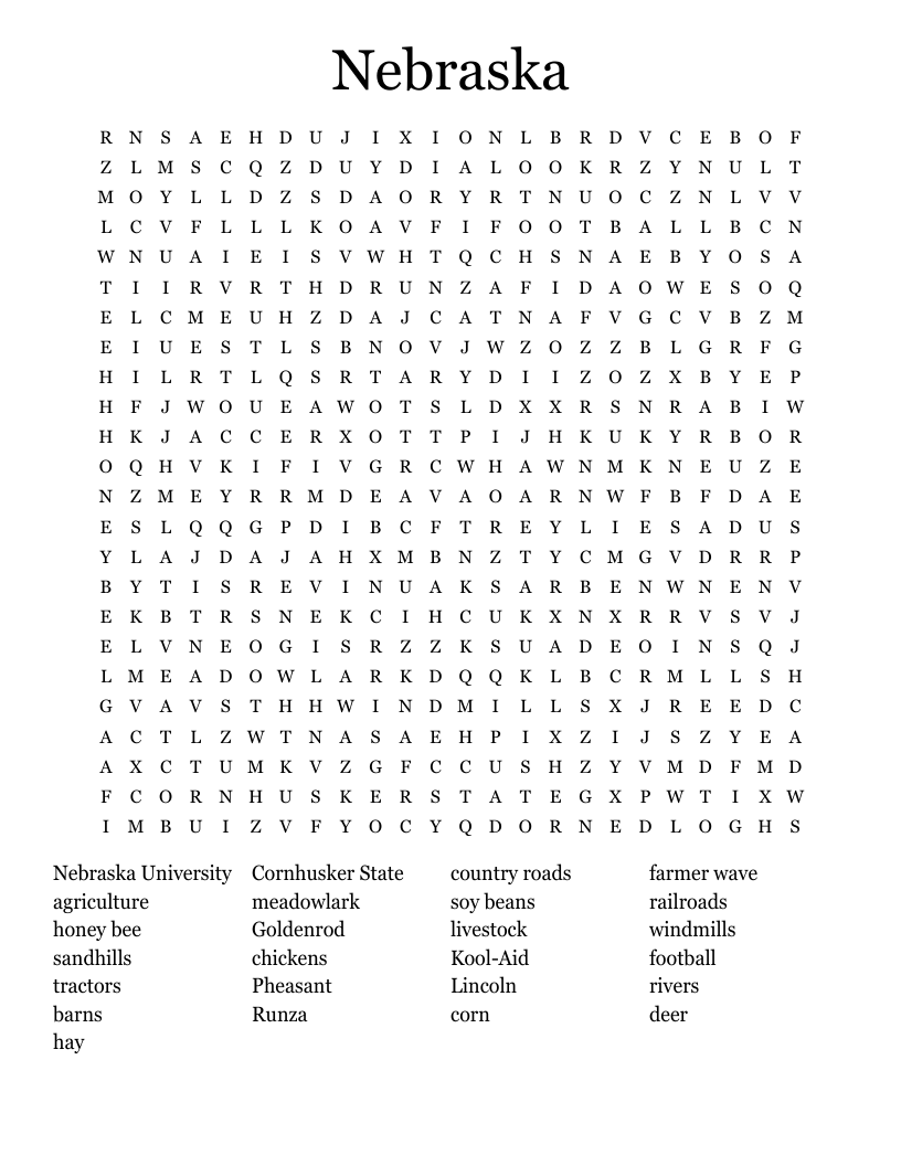 Nebraska Word Search