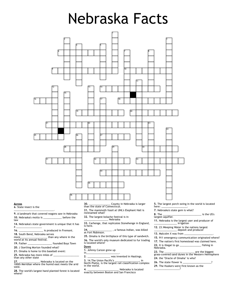 Nebraska Facts Crossword