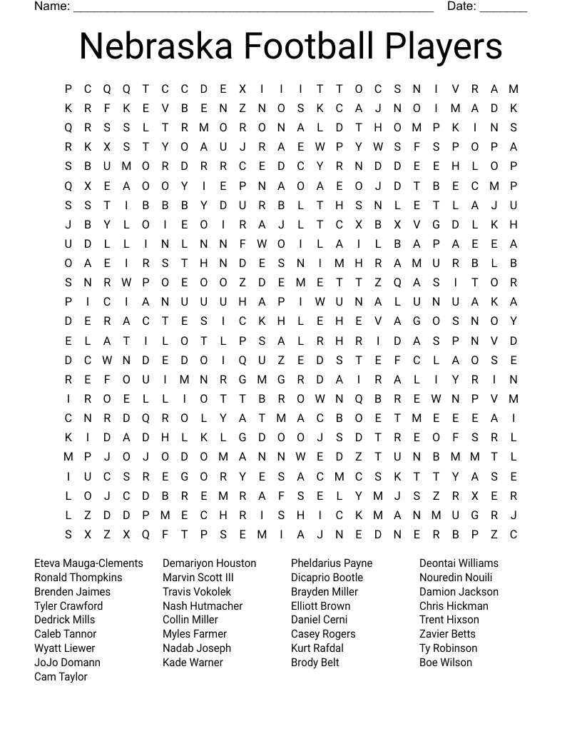 Nebraska Football Players  Word Search