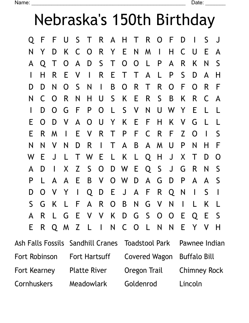 Nebraska's 150th Birthday Word Search