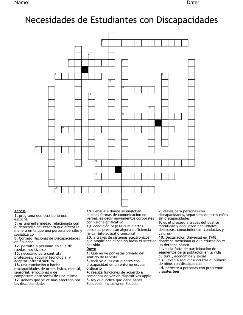 Necesidades de Estudiantes con Discapacidades Crossword