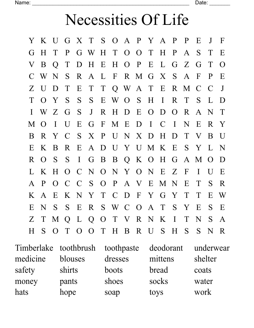 Necessities Of Life Word Search