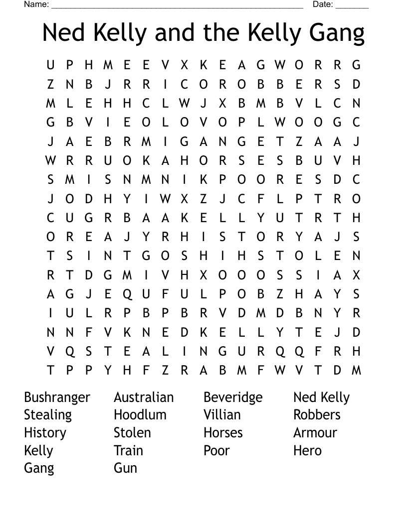 Ned Kelly and the Kelly Gang Word Search