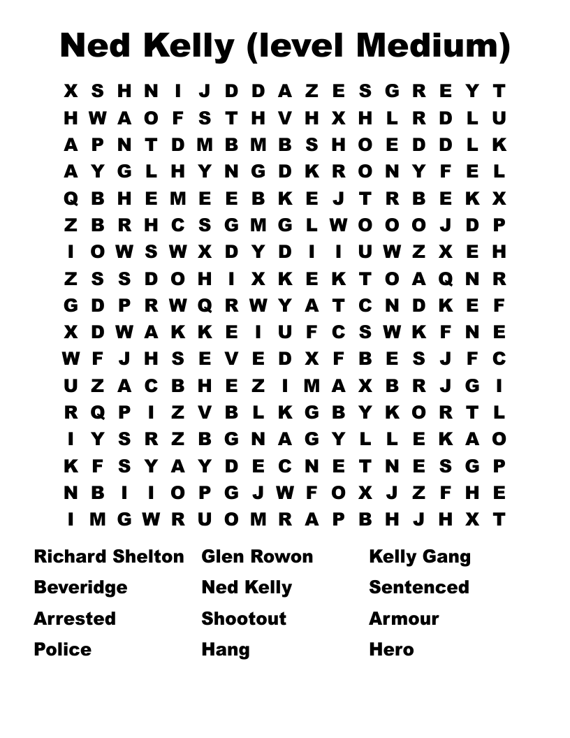 Ned Kelly (level Medium) Word Search