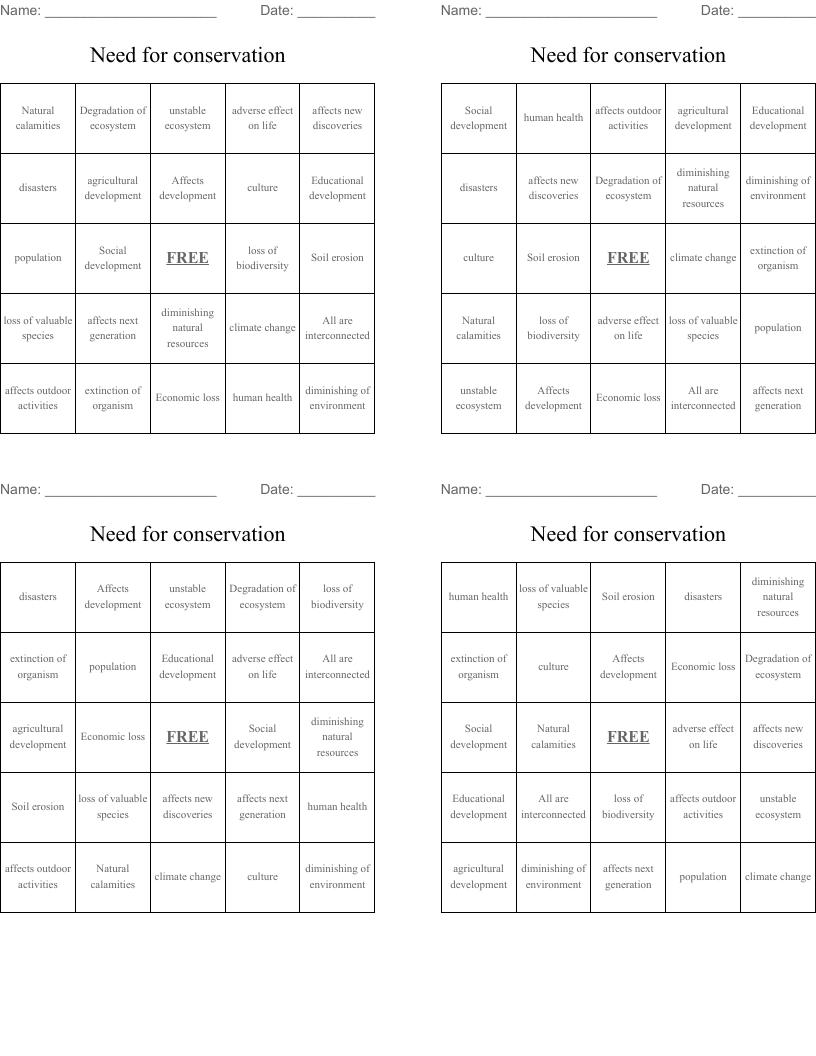 Need for conservation  Bingo Cards